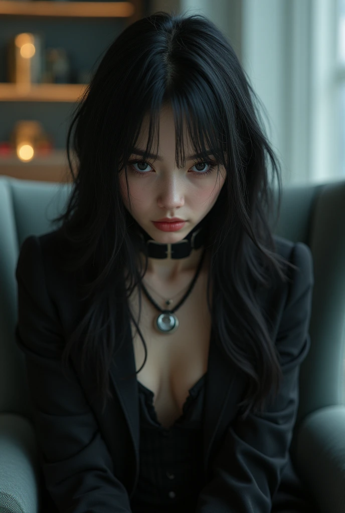 highest quality, masterpiece, ultra high resolution, (reality: 1.4), original photo, 1 girl, purple eyes, off shoulder, cinematic lighting、purple and black hair、Mine Girl、my makeup、earrings、big breasts、black t-shirt、Dark mini skirt、((dark makeup、oil skin,glowing skin、realistic skin texture、fine and beautiful skin、shiny skin、shiny skin)), dark downtown area at night、Dark Cyberpunk、(full shot:1.8, porn magazine covers: 1.8)
