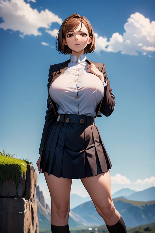 realist, 1,4k, Girl, Gothic, hits, two tails, cowboy shot, mini skirt, thighs, big breasts, by the wide,2b, make up, eyeliner, shadow, white panties, masterpiece, Best Quality, ((view from below))