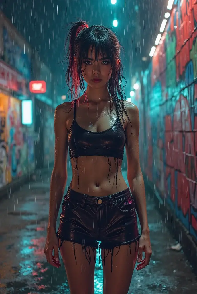 Kowloon City、Back alley、(Wet ground)、((Delicate depiction))、pipes、duct、electric wires、signboard、plein air, tag, simple background, blue open sky, shorth hair, one girls、((a beauty girl))、Skysky, looking at the viewers, stairway, Moody lighting,