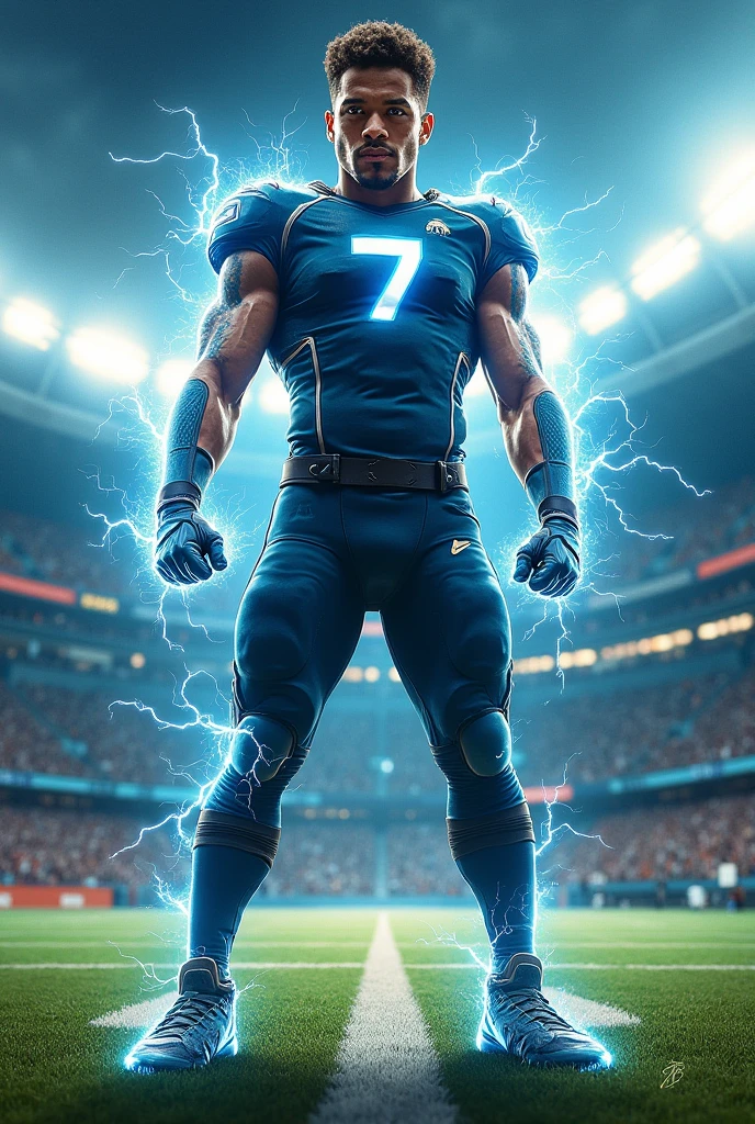 Football uniform where the color will be dark blue with a lightning bolt in light blue, the uniform in the Zeus theme 