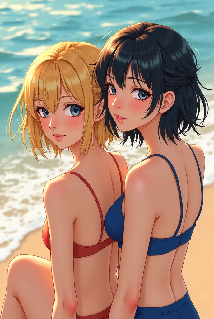 Two girls in swimsuits at sea and holding hands.
Masterpiece, Best Quality, flat, Manga Scan, Anime, clip studio paint, Anime Wallpaper, Deep Color, Cel-Shaded