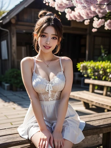 teenage girl, wearing a kimono, Japanese garden in spring, cherry blossoms are blooming, , , squat, open legs, The whole body is shown, blonde, movie light effects, Photographed from directly above, dutch roll, japanese hair, Sparkling eyes, blush, shy, red lips, has a fan , , , Make a smile with your fingers, comb your hair with your hands