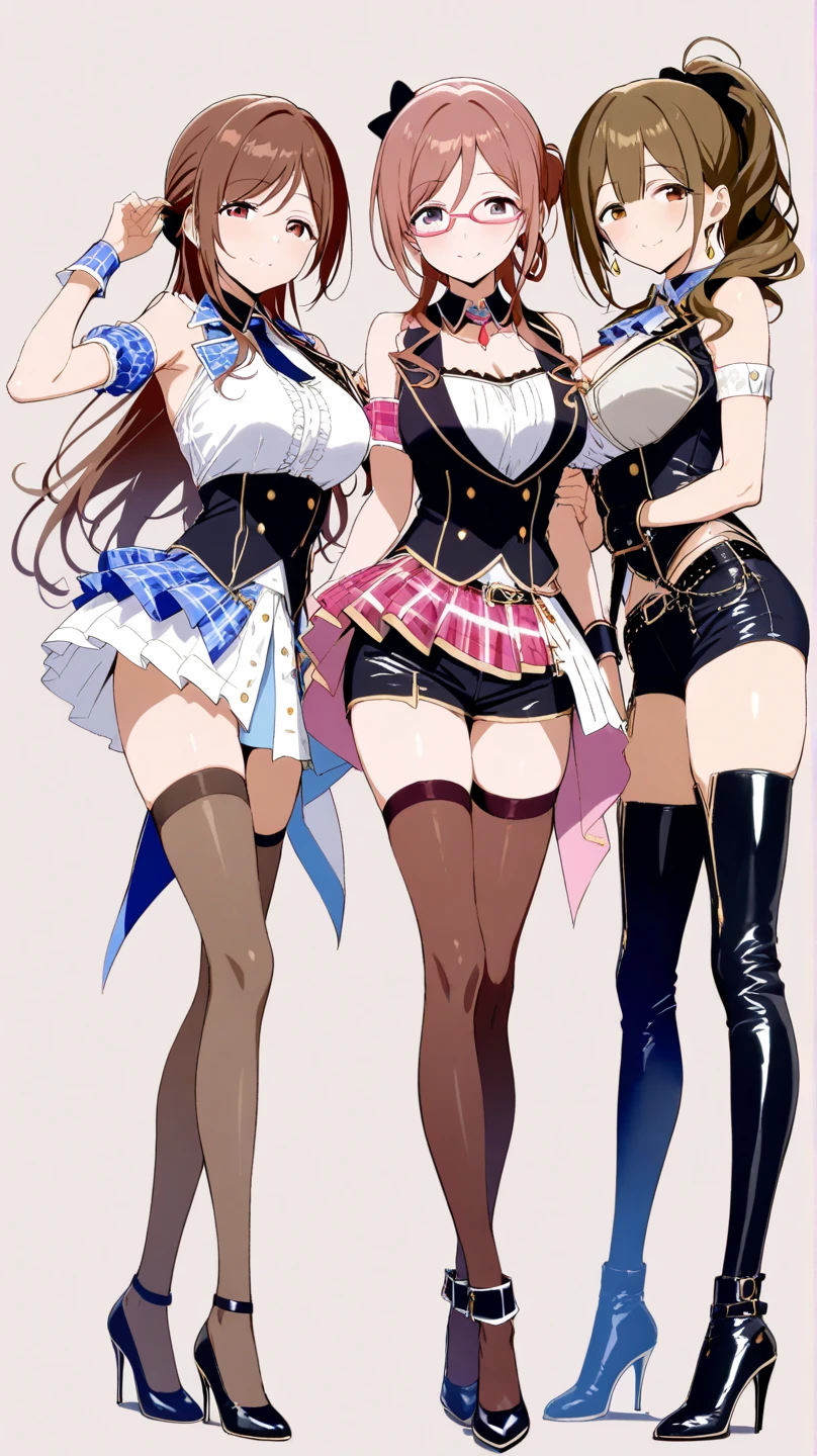 masterpiece, Highest quality, High resolution, 10+girl, crowd, Identical twin sisters, clone, An orderly line of sisters, An orderly line of sisters, Sisters in a row, uniform, Matching outfits, Long Hair, Curly Hair, ponytail, Matching hairstyle, Hazel Eyes, Brown Hair, Black tie, Blue Ribbon, Brown Skirt, salute, smile, indoor, Group shot, whole body, Panty shot, Black high heels