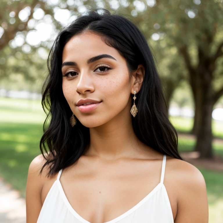 A realistic photo of a teen girl wearing a beautiful frock, brown skin, black hair, closeup, instagram, outdoor