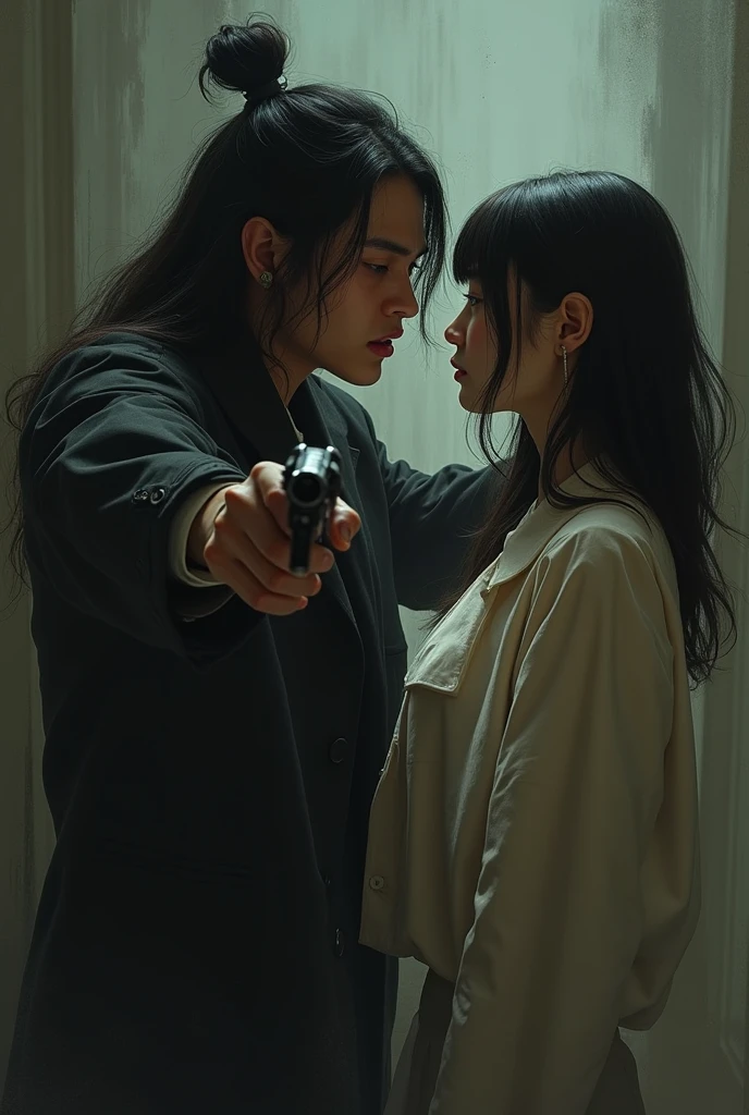 MAN and WOMAN turning their backs on each other, serious, both of them are of American nationality. HE has black hair and green eyes and a thin button-down shirt, and she has a red dress with straps and black hair, and she has a gun behind her. There are ONLY 2 people, him and her.