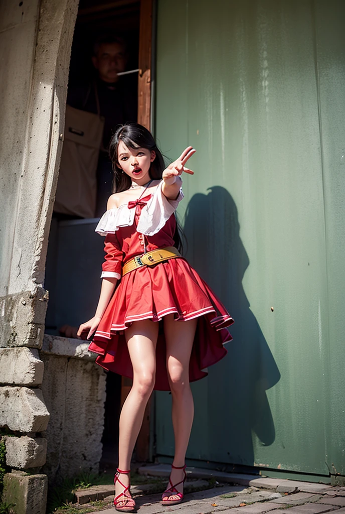 kiki's delivery service, Kiki wearing a big red ribbon and a simple black dress, Kiki flying in the sky on a broom, Kiki with her black cat Jiji, 8k, highest quality, masterpiece, Realistic, Super detailed, photo Realistic, Improvement of quality