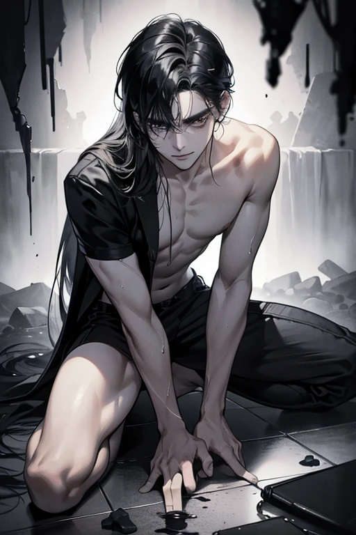 A teenage boy with long black hair is lying unconscious on the stone floor, everything is shrouded in fog.The guy opens his eyes a little