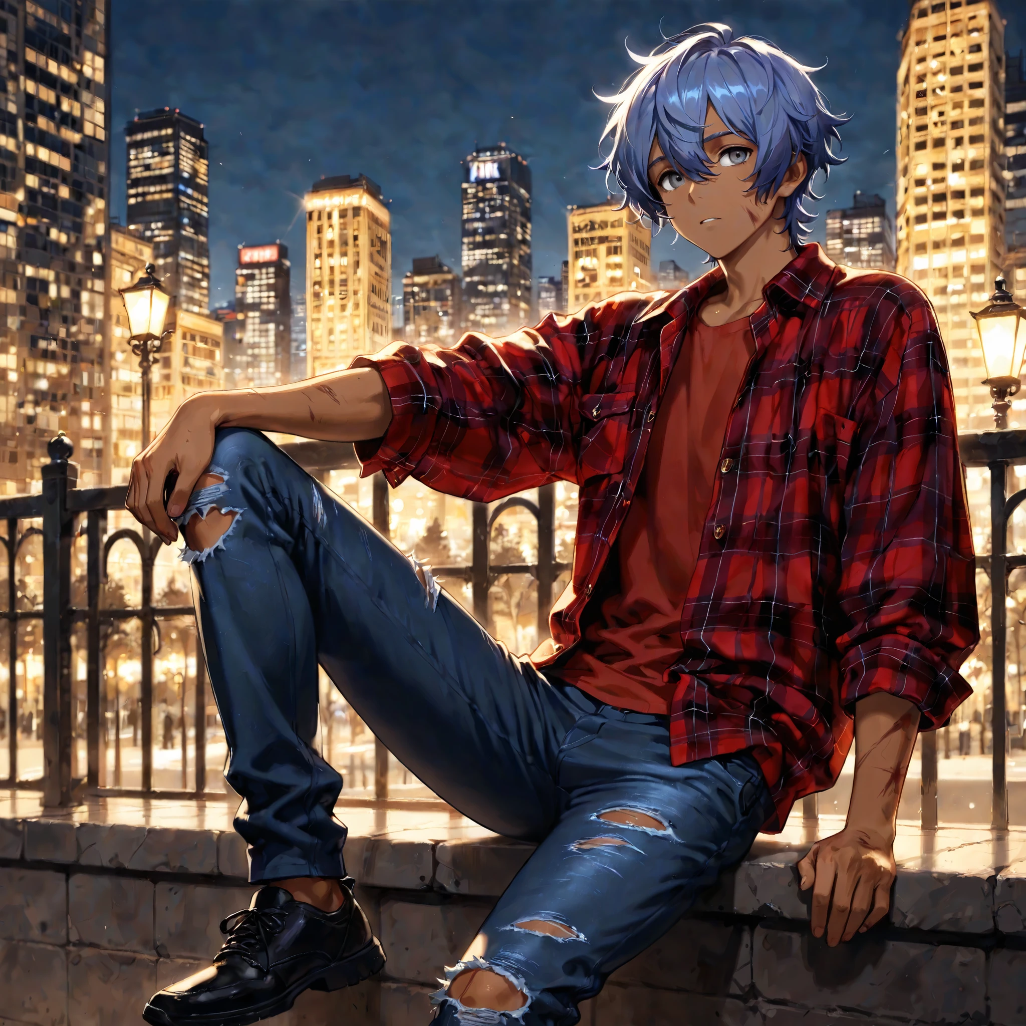 A 15-year-old boy with blue hair stands on the fifth floor on the roof of the high school looking at a city in the distance.............From above he looks at a city with his back to the viewer 15-year-old man has no shirt has a naked torso his hair is straight long Latin skin copper mestizo face, tiene traje tribal africano esta en el tejado de la secundaria mirando una cercana ciudad mira con miedo pensativo, (tercer plano cuerpo completo