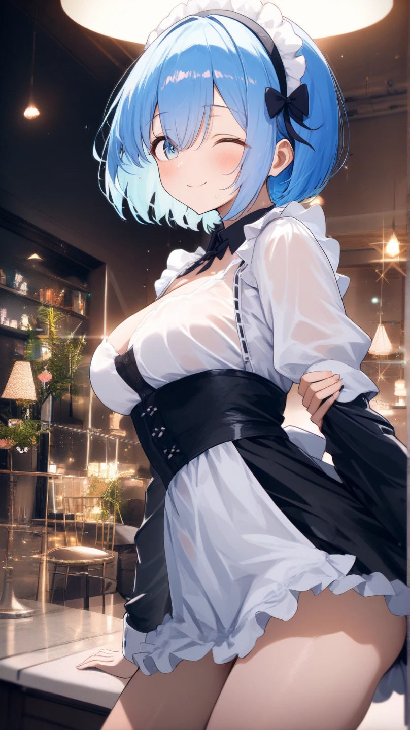 Rem from Re:Zero、light blue hair、short hair、table top、High resolution、many girls multiple girls、large crowd、lots of cute girls、big and full breasts、ridiculously big breasts、Unrealistically large breasts、naughty body、See-through、throw、、whole body、Are standing、Look up at me、confused face、blush、embarrassing、Excited、white breath、black pantyhose、female shape'Private parts are clearly visible、I can see your nipples、BAR、bar counter、Many people々々々々、in the crowd、bare chest、show your chest、Upper grade、Bunny girl、gossiper、rabbit ears、Leotard figure、Bangs that cover one eye、pink hairpin、sit on the bed、black high heels、open your legs、open thighs、emphasize the chest、chest to chest、night viewが見える部屋、night view、Cloth digs into genitals、A lot of milk comes out from the nipples、Breast milk squirts out of the nipples、very short skirt、