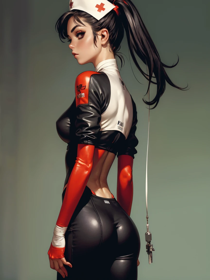 (((Back view))), (((perfect abounds))), ((( varied colors ))), (scars), (((Bandaged body))), ((high collar)), ((pin-up hair with colorful bangs))), (((best qualityer: 1.4))), (Unbeatable masterpiece), (hiper HD),(CG 8k hyper-realistic), (((brave face))), (((breasts big))), (((hyper feminine))), sexly girl, Tron,(bob hair with colorful highlights and straight bangs Bettie Page style)), ((( sculptural body ))), (((1 Kizi))), Kizi cibernética de 25 anos com perfectbody,,Beautiful and well-groomed face,muscular body:1.2,solid color detailed jacket, (Head to thigh photos), Complex equipment, green dark,long pants,Tight clothes are dark,With white stars and off-white stripes,,,,,Armor Metal Electronic Parts, Poison tattoos ) INFO, Kizi, (((standing alone))), pirralha violent, (((14歳))), sexly, pose de atitude, work of art, post-apocalypse, (((manga style))), bounty hunter, violent, Manic, the way you want, slenderbody, thin but strong, perfectbody, roupa moderna, advanced technology, neon, sleeves with vertical striped pattern, neutral background, (( cowboy shot )). in the background a wall with intricate graffiti f