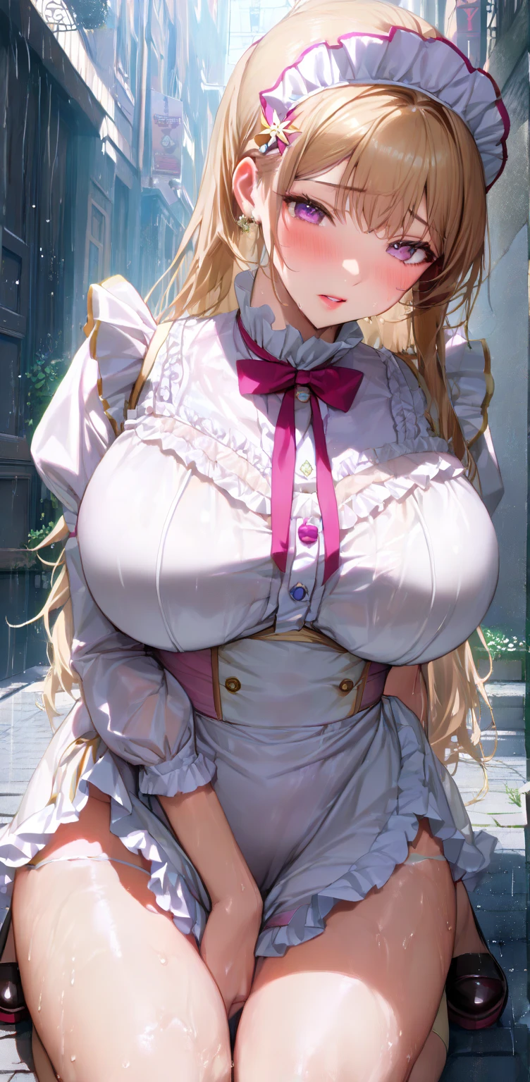 (masterpiece:1.2), (highest quality:1.2), Curvy but slender body, perfect eyes, perfect face, perfect lighting, 1 girl, long hair, curly hair, fine clothes, detailed outdoor background, compensate, eye shadow, thick eyelashes, fantasy, (maid)、whole body,alice in wonderland、blue sky、Bright and beautiful face、young shiny glossy white shiny skin、the best beauty、the most beautiful bright blonde hair in the world、thin hair、super long straight hair、Shining beautiful bangs、Shining crystal clear big blue eyes、Very beautiful lovely 17 year old most beautiful girl in the world、big and full breasts、bra、I could see her nipples through the gap in her underwear、a sexually excited look、A sexually seductive look、((She lifts up her skirt and shows her panties、she is seducing))