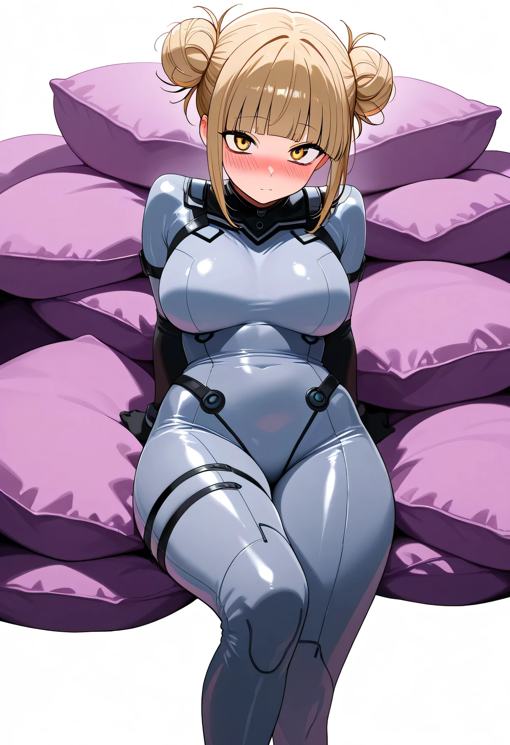 score_9, score_8_up, score_7_up, score_6_up, score_5_up, score_4_up, masterpiece, high quality, BREAK, 1girl, 1girl, white background, simple background, standing, nice legs, looking at viewer, nose blush, shiny legs, shiny body, shiny hair, clear skin, clear body,, solo, thick thigh, thick thighs, solo, female, large breasts, toga himoko, blonde hair, yellow eyes, blunt bangs, double bun, in a form-fitting asymmetric bodysuit made of thick matte material, cut to expose one full side of her chest and entire hip, connected only with thin side straps. She sits with one leg tucked under her, leaning slightly back into a pile of textured cushions