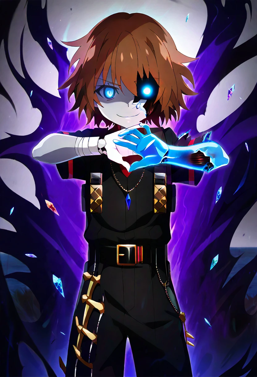 score_9, score_8_up, score_7_up, source_anime, anime_screencap, masterpiece, best_quality, uncensored, higurashimei, cowboy shot, upper body, (tween:1.2), ((kawaii)), 1boy, aqua sclera, aristocratic clothes, bandaged arm, bandaged leg, bandages, belt, belt buckle, bone, bright pupils, brown hair, buckle, clawed hands, claws, olored sclera, cracked eyes, cracked skull, crystal eye, crystal hair, crystal shards, crystal, dark aura, disembodied hand, exposed bone, ghost, ghost boy, glowing, glowing crystal, glowing eyes, grey skin, high-visibility clothing, hollow body, hollow eyes, jewelry, lich, Loincloth, material growth, necklace, necromancer, ocean, rayman limbs, ribs, ringed eyes, shota, single bandaged arm, single bandaged leg, single clawed hand, standing on liquid, strap, torn clothes, undead, vest, water, white eyes, no reflection, mutation, medium hair, messy hair, kuudere, dark theme, white sky, asymmetrical eyes, body horror, pale skin, villain pose, british clothes, damaged skin, smirk, glaring, white sky, black sky, horror (theme), oozing, too many crystals, cracked skin, detached arm, crystal skin, crystal body, disembodied leg, embedded orbs, embedded crystal, drowned, blue aura, crystal hands, cracking knuckles, blue crystals, own floating hand