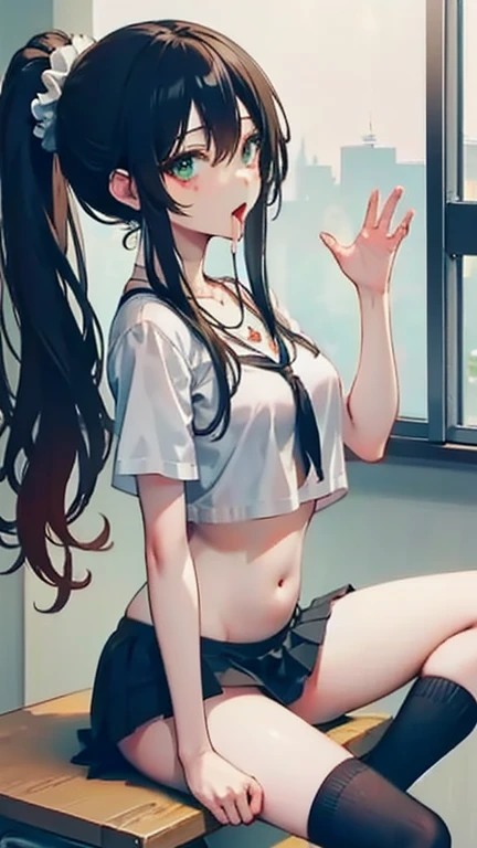 (((masterpiece, Highest quality:1.5,absurdres))),25 year old beauty,solo,((very small head:1.3)),long hair,bangs,(dark blue hair),dark blue eyes,gorgeous eyes,shy,tears,tongue、drooling,medium breasts,((very long body:1.3)),((toned body,slender body)),skinny,((tan skin:1.5)),gleaming skin,shiny skin,sweat,(cum in mouth,excessive cum),(White tank top、Yellow pleated mini skirt、Love juice),barefoot、arms up,kneeling,spread legs,on street,Back Alley、New York City、