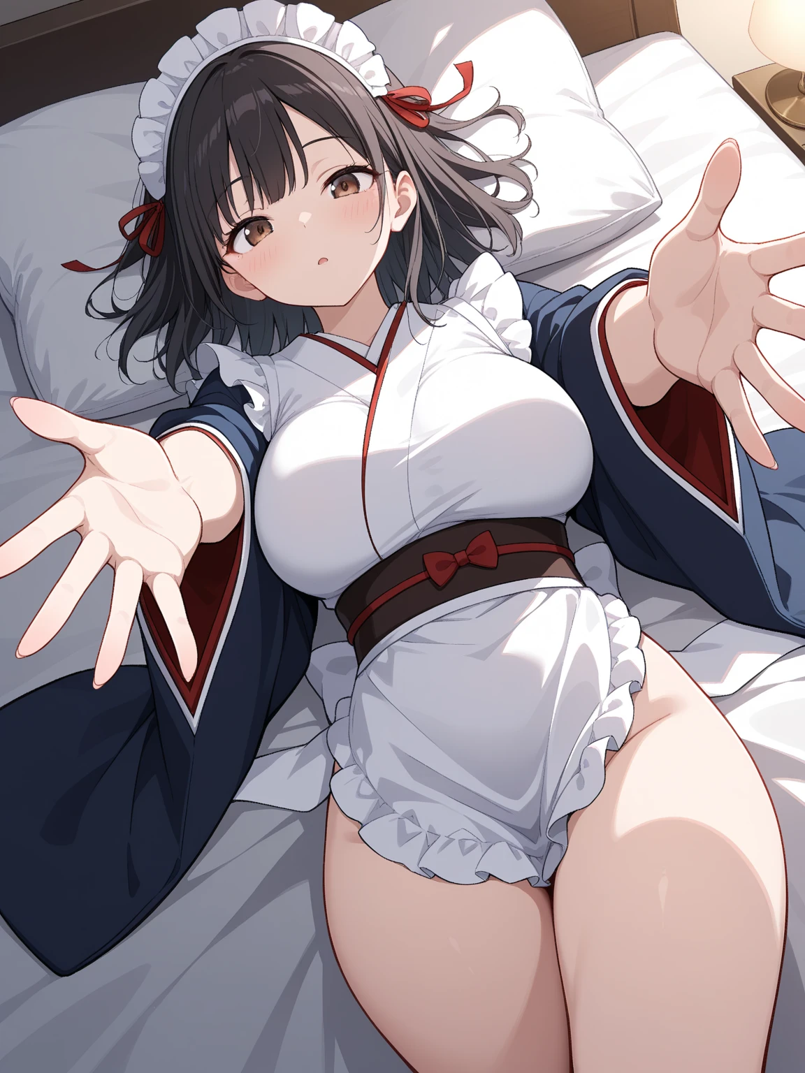NSFW,masterpiece,Highest quality,High resolution,Super detailed,Nekone \(Utawarerumono\),Brown Hair、(Red Eye:1.3)、ribbon,Twin tails、ヘアribbon、Mole、目の下のMole,Small breasts,blush,Expecting face,Estrus,kimono,dress,(Prostitute),Brothel,Japanese-style room,Lying down,Lying on your back,Leg spread,From above,(Night Ga)