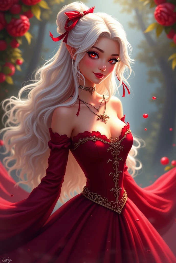 a woman in a red dress and tiable sitting on a rock surrounded by flowers, beautiful fantasy art, detailed dress and face, fantasy art style, digital art of an elegant, elegant digital painting, beautiful gorgeous digital art, beautiful and elegant elf queen, 8k high quality detailed art, beautiful alluring anime woman, 8 k highly detailed ❤🔥 🔥 💀 🤖 🚀