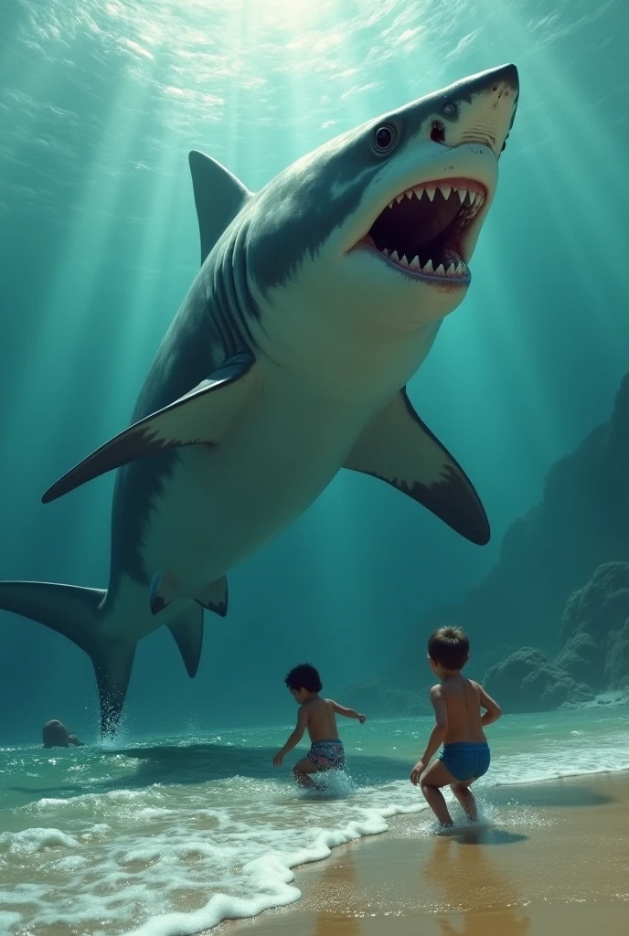 Here is a prompt:

"A brave  named Timmy is on a mission to save his terrified cat, Whiskers, from the jaws of a fierce shark that has suddenly appeared on the beach. With a surge of adrenaline and a quick thinking, Timmy uses his surfboard to defend Whiskers and chase the shark back into the ocean."

Would you like me to generate an image based on this prompt?