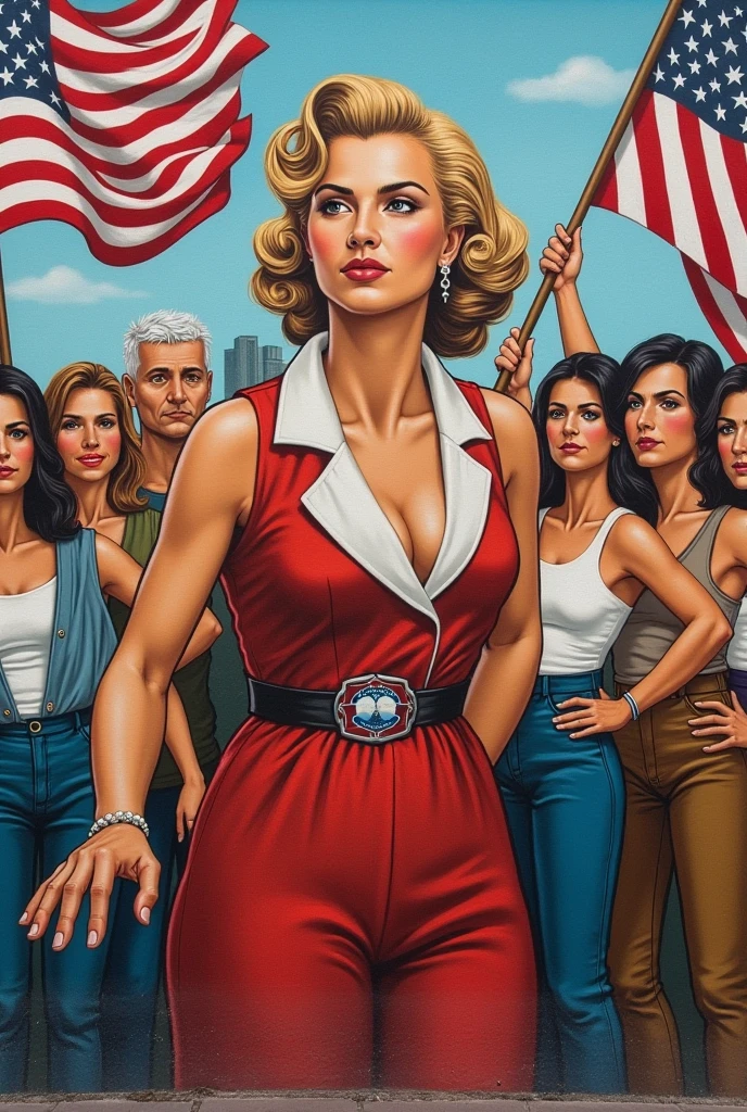 CCCP poster, soviet poster, USSR Flag in background, USSR Poster, Soviet Union poster, October Revolution, ((CCCP Poster, Soviet Poster)) (blond 1 mature girl) propaganda Poster, poster, Soviet flag on pole, blue sky with fighter jet, nude, 1girl, solo, good body, Poster design, poster art style. 1980s, 1950s, 1960s, basic colour scheme, Very colourful poster, colour art, thirds rule, inspiring, general, military officer, woman, 1 mature girl, hair blowing in the wind, hand high in the air, revolutionary, pointing with finger, red square backdrop, thick legs, blue eyes, brown hair.