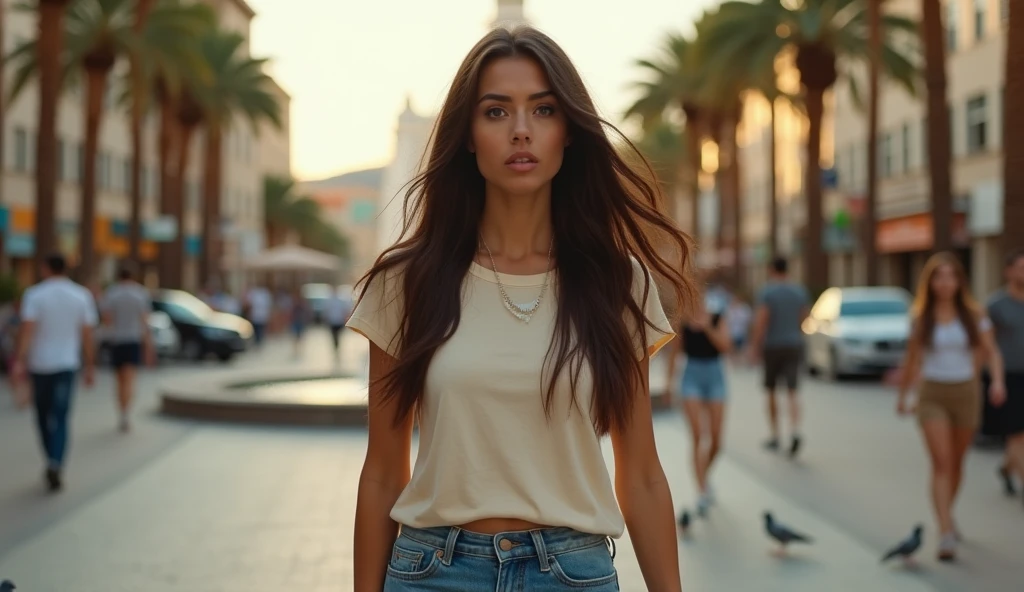RAW photo, a 25-year-old black haired woman, green eyes, tattoo on the arm, long hair, jeans and white t-shirt , with a open neckline, watch on her wrist, earings, coffee to go, walking in the city view, day time, (soft backlight), realistic, masterpiece, highest quality, lens flare, [[chromatic aberration]],best shadow, photorealism, hyperrealism, one girl