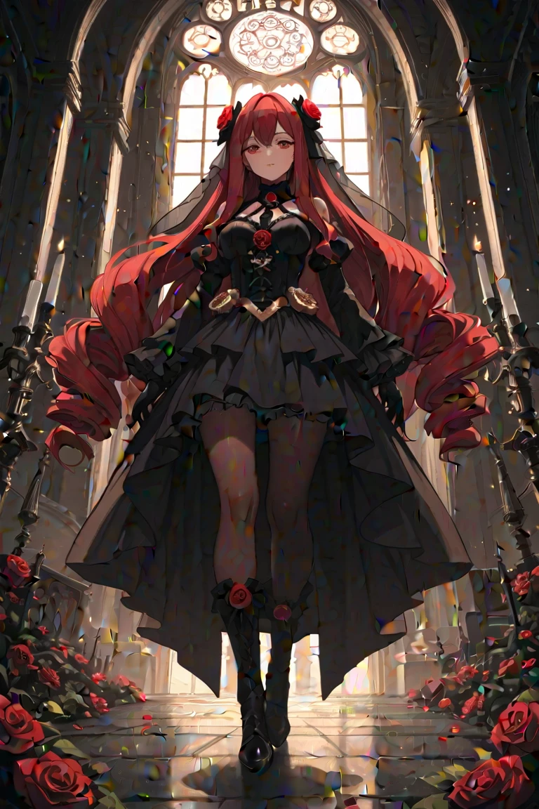 Princesa con pelo rojo, ???, tiene el pelo rojo, es mujer, woman, Corta, wearing a dress with a corset on top and rubies adorning the dress, wearing dress, usando bailarinas con tacon blancas y un lazo rojo, wearing high heels with red, SOLA, ALONE, (SOLA)(ALONE), has green eyes, (ojos perfectos), It's a girl, a ???, , little ???, (little ???), (little girl)