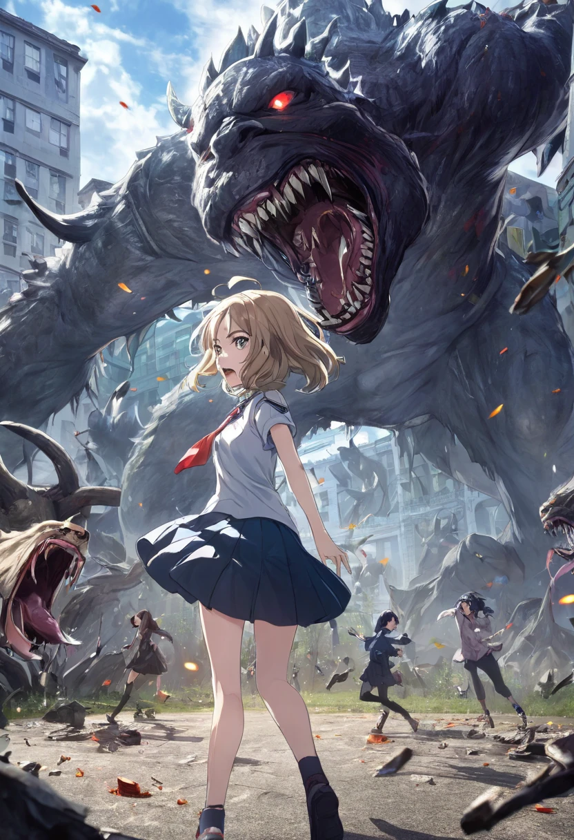 a blonde woman in a torn school uniform and black jacket with a white puppy, running in front of a giant zombie type, guweiz style artwork, epic light novel art cover, trend on artstation pixiv, Guweiz and Pixiv Artstation, guweiz, epic anime artwork, Guweiz and Artstation Pixiv, epic light novel cover, By Akihiko Yoshida