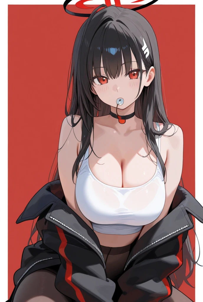 masterpiece, zoom out, score_9, score_8_up, score_7_up, portrait, 1 girl, alone, black hair, long hair, long split bangs, red eyes, black sclera, small smile), evil, parted lips, expressionless, big breasts, top , Basic dress with straps and V-neckline, black bottom, best quality, long split bangs.
