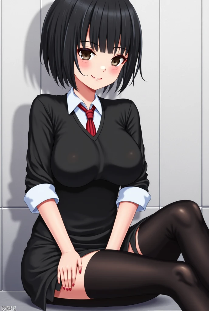 ((highest quality)), ((masterpiece)), (detailed), Anime 2D rendering, 8K, uniform, black socks, small breasts, open pussy, 120cm tall, , outdoors, partially undressed, breasts, erect nipples, spreading pussy, dripping love juice, drool, shapely legs, heart-shaped eyes, naughty expression, see-through clothes, exhibitionist, inserting a dildo in the anus, anal dildo, no makeup, simple ((Delicate painting)) Anime face, hair tied up, little sister