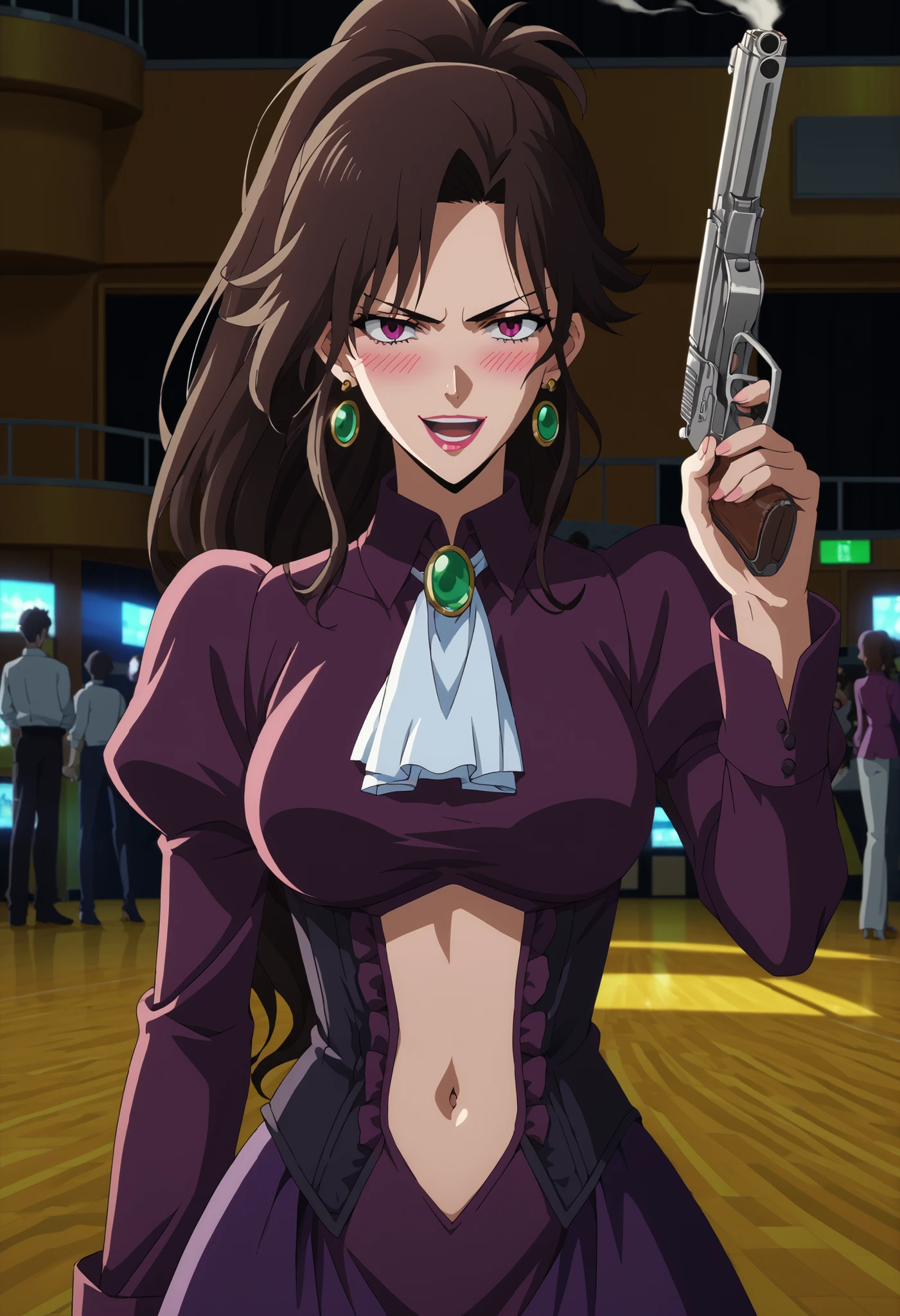 score_9, score_8_up, score_7_up, source_anime, holding weapon, holding gun, handgun, aiming,, solo, 1girl, ushiromiya natsuhi, serious, ponytail, purple dress, brooch, ascot, corset, juliet sleeves, , ear piercing, long hair, blush, lipstick,Hot girl, baddie, smoking, sensual, attractive ,masterpiece, best quality, highly detailed, a girls in long dress with navel cutout posing for a picture, evil smile, smile, open mouth, (nsfw) not safe for work, revealing dress, beautiful dress center opening , long dress with bellybutton showing, official artwork, exposed navel, exposed bellybutton, jewelry, earrings, complex detailed background, casino environment, fancy interior environment, rich interior, holding a gun, holding pistol, navel cutout, exposed navel, exposed bellybutton, dragon tattoo on waist, narrowed eyes, tattoo on waist, medium large breast, anipai_style, anime screencap, anime coloring, Hanebado Style