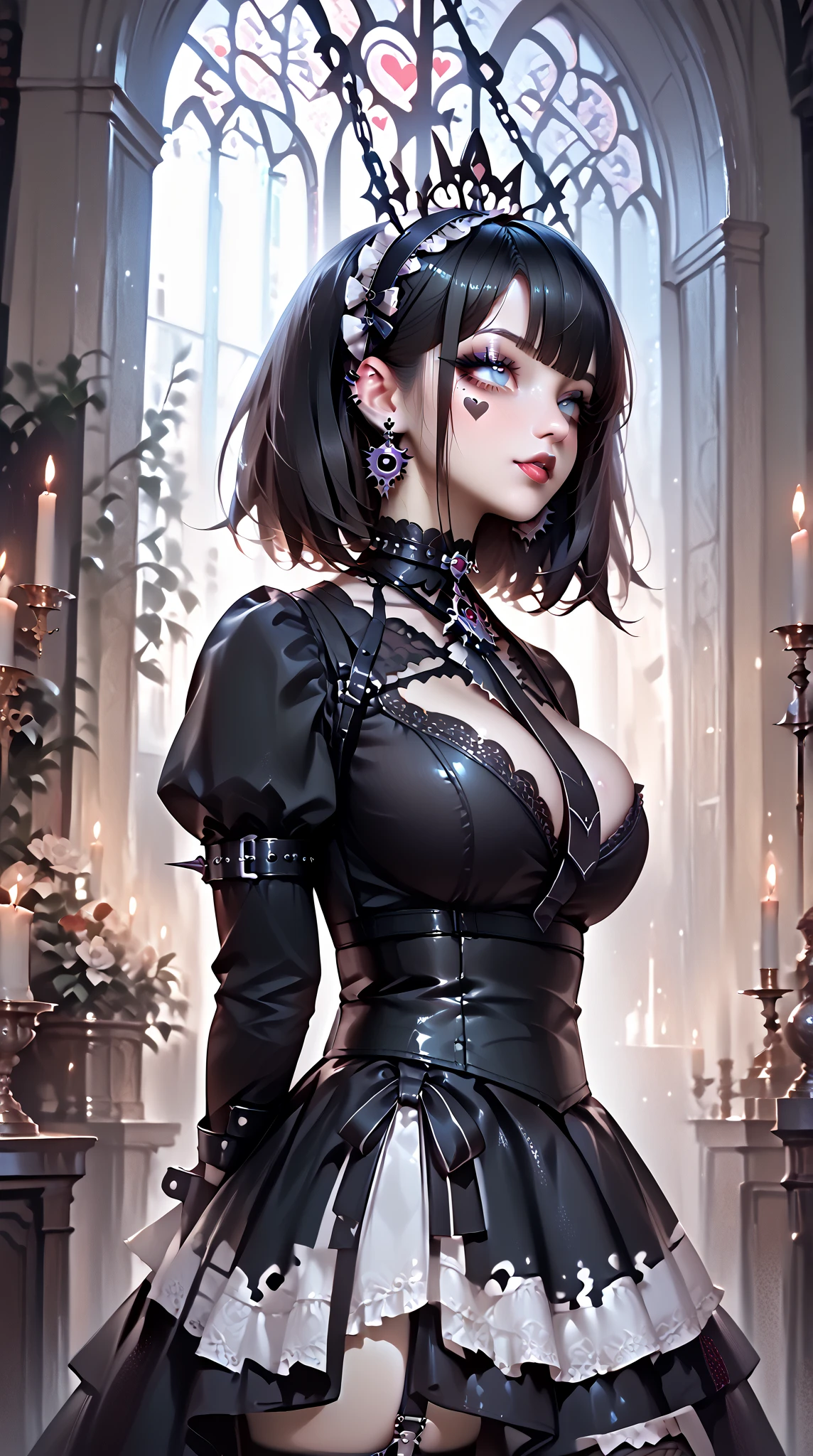 (masterpiece:1.2, Highest quality), (Realistic, photoRealistic:1.4), Beautiful illustrations, (Natural Side Lighting, Cinema Lighting),
Looking at the audience, Upper Body, (Front view), 1 Girl, Perfect Face, Cute symmetrical face, Shiny skin, Baby Face, Long eyelashes, (Large Breasts), (Wide Hips:1.5),Shortcuts,
Beautiful Hair, Beautiful Face, Fine and beautiful eyes, Beautiful body, Beautiful breasts, Beautiful thighs, Beautiful legs, Beautiful fingers,
(Beautiful views),(Cute Smile:1.3, Upward glance), 18-year-old,Pale skin,Woman in black corset and goth hair, With earrings, One girl, alone, Black Hair, short hair, ring,(pierce:1.5),(Punk Style:1.5),(Gothic Dress),(Black Lips:1.7),Side layered skirt,Black bra,(((red thong)))
