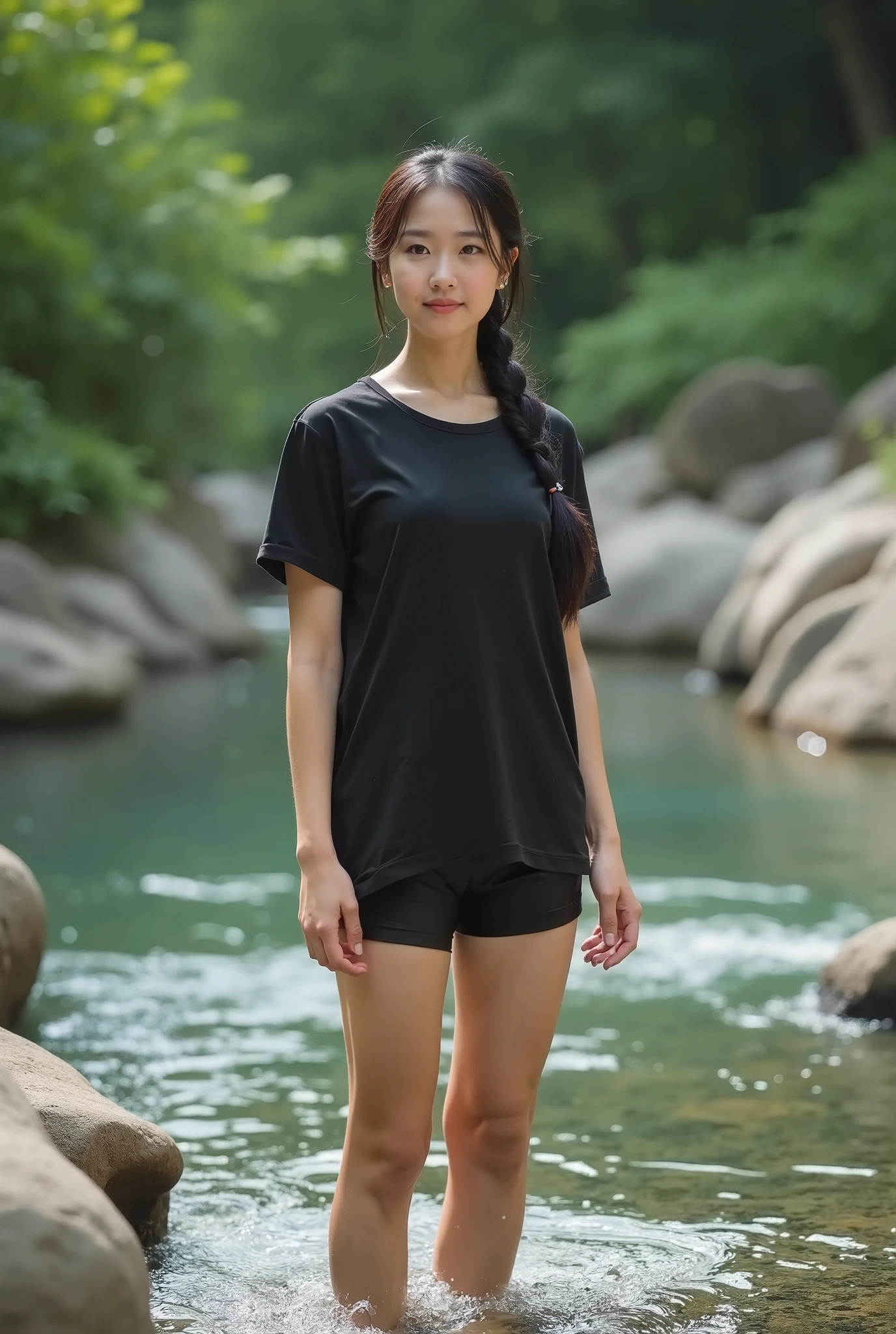 Create exaggeratedly realistic photos of a Thai woman with long brown hair wearing a white tank top immersed in river water, backpacking, blue tactical pants, boots, headphome around the neck, holding a digital camera, waterfall background, rainy weather, top angle, front view, wet shirt effect, 3D image, 18K contrast.