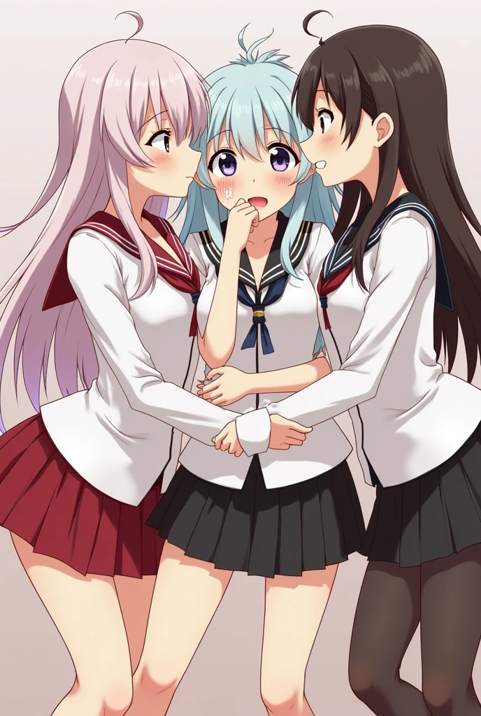 (master piece, high quality), (multiple girls), , locker room, (white panties), school shirt, (group selfie), wide angle, soft light,Press against chest,Crushed chest,crotch grab,A girl is masturbating