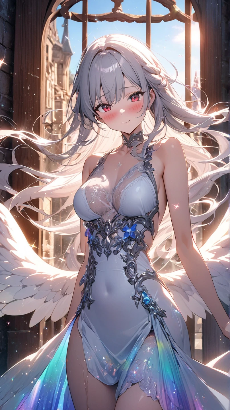 (White Wings,Angel:1.2),(Falling white feathers background:1.1)， （（masterpiece））， （detailed：1.4），Realistic、 Beautiful Woman Images，High resolution（High Dynamic Range），Ray Tracing，NVIDIA，Super Resolution，PBR Textures，Post-processing，Anisotropic Filtering，Maximum depth of field resolution and crisp layer textures，Albedo and Specular Maps，Surface Shading，Accurate simulation of material interactions，Perfect balance，Rendering with Octane，2-color light，Large Diameter，Low ISO，White balance，Rule 3 points、8K raw data、Backlight、Beautiful white and shining skin、Gray hair that changes with light、Long bangs obstruct the view、Highlights of cheek luster、Sexy and very beautiful and adorable face、The most beautiful face in the world、Super long and gorgeous white hair、Smooth straight hair、WHITE hair fluttering in the wind、big, light blue eyes shimmering、Beautiful Bangs、Beautiful cute girl 25 years old、Beautiful halter neck dress、((sideboob:1.4))