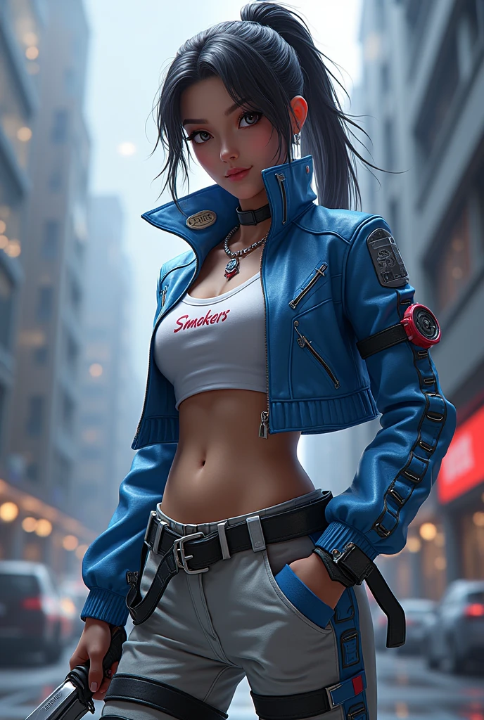 front camera. A girl stands in front in a militant and confident pose with a pistol in her hands. the gun shoots light. the girl is slender, toned figure, hair tied up in one ponytail, bright blue eyes and blue hair. clothes in red, blue, white and black colors. The girl is wearing tight jeans and a short jacket, with a top underneath. against the backdrop of New York during the apocalypse. black sludge destroys people behind. orange theme. next to the girl there are red, white, black, blue lights in the air., city, full body, pov, from above , dynamic pose, horror