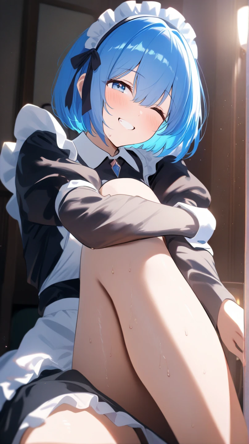 masterpiece:1.2,top-quality), ((((Blurry background with deep yellow fog)))), (loli), (Loli with a very young face), (flat chest), (7-year-old), (beautiful slender body), Sofa room, blue eyes, blue hair, standing, Turn around and look back, massive butt, Sticking out the butt, ((skirt)), blue white panties, ((((horizontal striped panties)))), Bare thighs, fart, onara, fart, farting, big fart, Fart from the ass, Farting non-stop, Yellow smoke, room full of yellow smoke, Skirt lifted because of farting, blush, smile mischievously, giggle lewdly