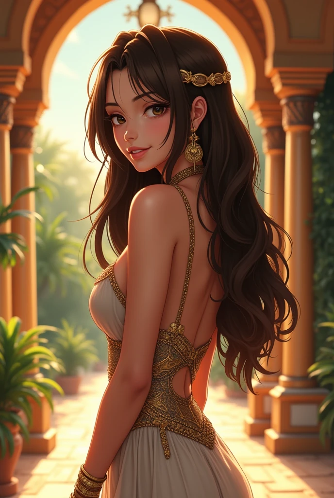 Huma Qureshi, young, beautiful, large breasts, sitting in a ancient ruins, wearing a crumpled strapless bra and a transparent dhoti, picking flowers, smiling, wearing floral ornaments, flower in hair, long dark brown braided hair, detailed, photorealistic artwork by Louis Royo, by Boris Vallejo, by Frank Frazetta, focus on her ass, her ass is rich, back view