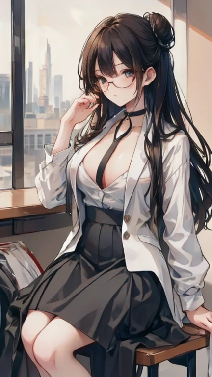 (((Mad Matt Scientist)))、(((Half-taken white coat)))、(((glasses)))、(((Crotights)))、Shiny bloodshot eyes、big breasts、big breasts、(((black hair medium long)))、center division、((The background is a chemistry room))