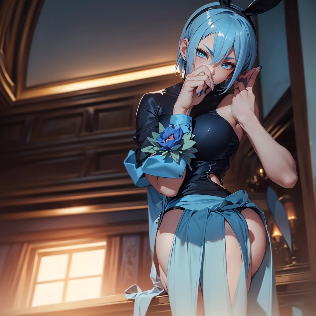 NSFW,masterpiece,Highest quality,High resolution,Super detailed,Sinon\(Sword Art Online\),Bare shoulders,Removable sleeves,Hand guard,leotard,Cape,Frilled mini skirt,gem, hair ornaments, Hair Clip,Thigh straps,Embarrassed,Expecting face,(Lust),(Estrus),blush,Fantasy,inn,Reception counter,(male),Having my butt massaged