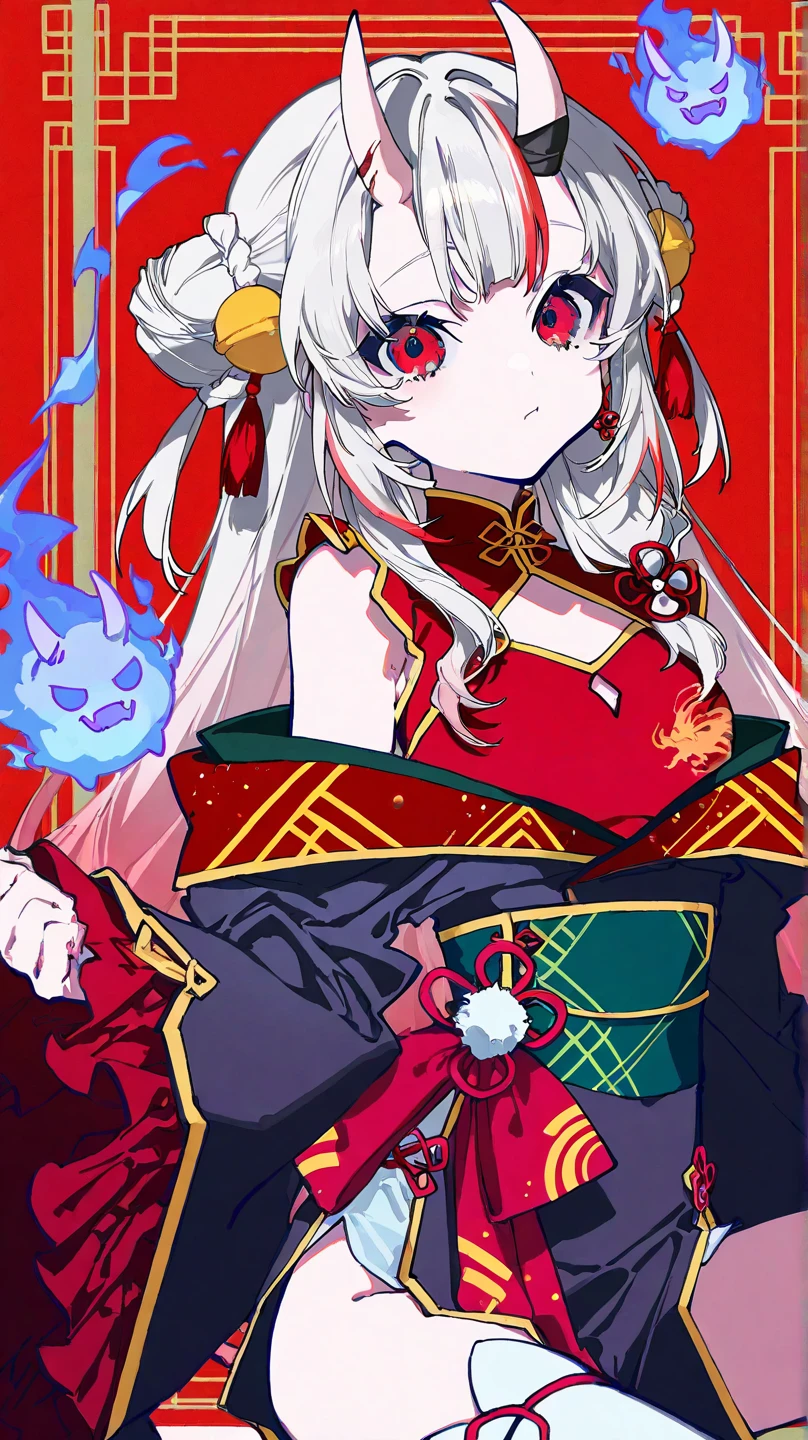 evil shinto priest wearing a hyottoko mask (white mask with popping red luminous eyes, twisted sucking mouth), throwing ghosts with both hands, His suit is blue with classical detailed black green and red lines, red belt, red hat and gold ribbons on the closures, red luminous eyes, background macabre of tombs,