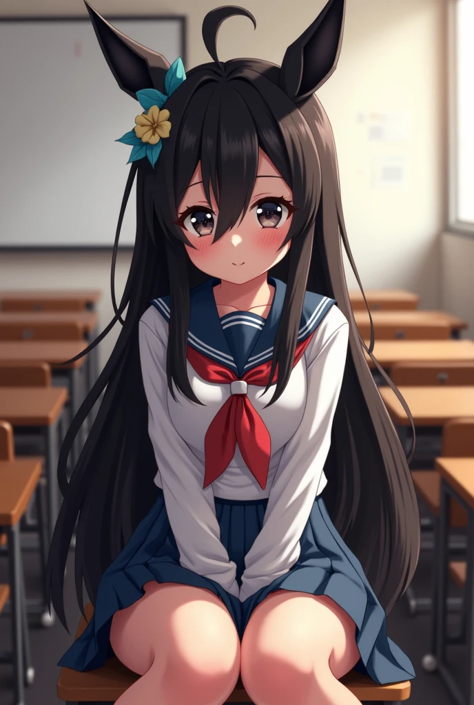 Create a tall, funny girl with a big beautiful smile, long black anime schoolgirl hair, sitting at a desk with her legs crossed, with a flushed face. 
