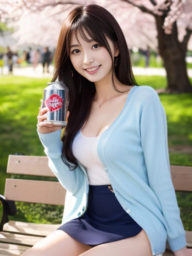 A Japanese woman, chubby, 20 years old, with the best smile, holding a very realistic can of beer, very large breasts, wearing a tanktop and jeans, showing cleavage, with long hair and droopy eyes, holding a DSLR camera, at a campsite with a tent in the background, high quality, professional lighting.