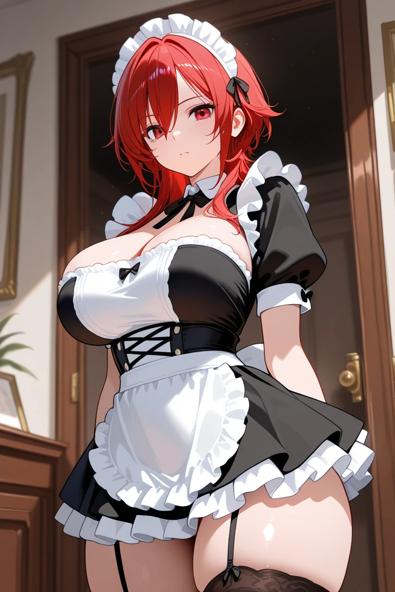 (1girl),(alone),(white skin),(long red hair),(young),(beautiful and super hot),(structured slim 1girl),(alone),(white skin),(long red hair Red eyes),(young),(beautiful and super hot),(slender body structured),(Big Breasts:1.5),(height 1.74cm),(hot ass),(Wearing),+,(\dressed as a maid, and maid's outfit and super revealing on the back, I lowered the short skirt a lot, showing her legs, and a little of her panties, and the part of the apron at the back of the skirt is very low, showing her delicious buttocks, and over the maid uniform it looks like a very short and sexual bra, and she has an ass big and super big breasts, she is super busty and has very big buttocks)/