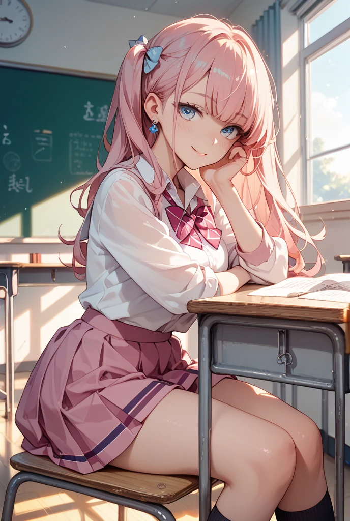 Ultra High Resolution, 16K, ((Masterpiece)), ((Best Quality))), ((Ultra Detail)), Upper Body View, A Girl, Long Pink Hair, Smile, High School Uniform, In Classroom
