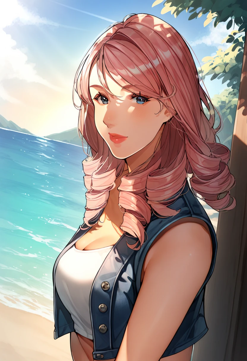 4k, high resolution, achromatic, glamor photography, detailed features, artificial photography, grass mixed with sand, rocks, winter sky, good lighting, stylish pose, Taiwanese beauty with long pink hair and proud figure, slender necklace, shy smile - shy - awkward, simple denim apron, jumpsuit under formal wear, standing by the railing, beautiful and unique, pale skin, wet skin, low angle shot, perfect legs, hands