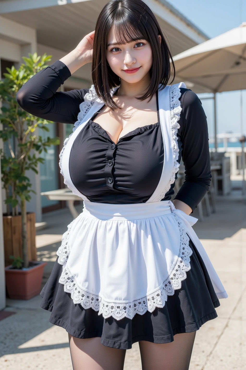 nsfw, best quality, masterpiece, ultra-detailed, 1girl, black eyes, (((huge breasts))), (((nipples))), (((((sagging breasts))))), (((hime cut))), (((blunt bangs))), (((tsurime))), (((((narrow eyes))))), outdoors, (((younger))), (pop idol),public indecency, smile, light smile, ((no bra)), ((no panties)), (((gothic lolita))), (((((maid))))), topless, solo, (((((short tie))))), mansion, garden, upper_body, (brown hair),(short hair),((((wavy hair)))),(((standing pose))),(loli),(walking),(take a pose)