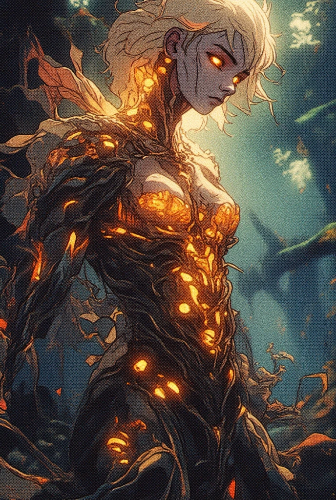 (HD, Sharp, Fractal), 1 Woman, Super Glossy Skin, Magic Knight, (crotch tattoo:1.1), Magic stones on chest, Hair ornament, Orange and black costume,18 years old, Face feeling pleasure,