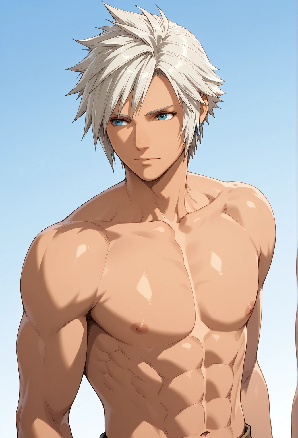((best quality)), ((master part)), (circunstanciado), perfect face make a muscular and tall anime style male character with white hair and red eyes