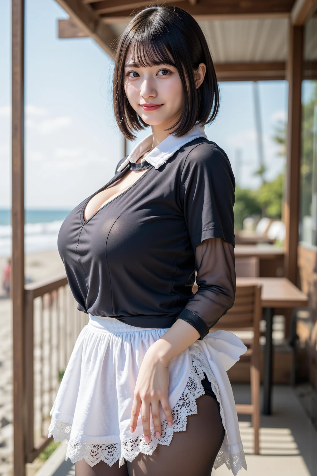 Highest quality, Ultra-high resolution, (Realistic:1.4), 1 Girl, (Complicated maid outfit:1), Curvaceous, Big Breasts, Black Hair, Show Viewer,