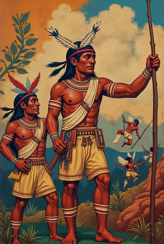 painting of a man and a boy with spears and a spear, indigenous man, Amazonian indigenous peoples in Brazil, by Carlos Francisco Chang Marín, por Herbert MacNair, pintura de golias, by Amadeo de Souza Cardoso, pintura de colchianos, historical image, Szukalski Ravi Varma, man holding spear