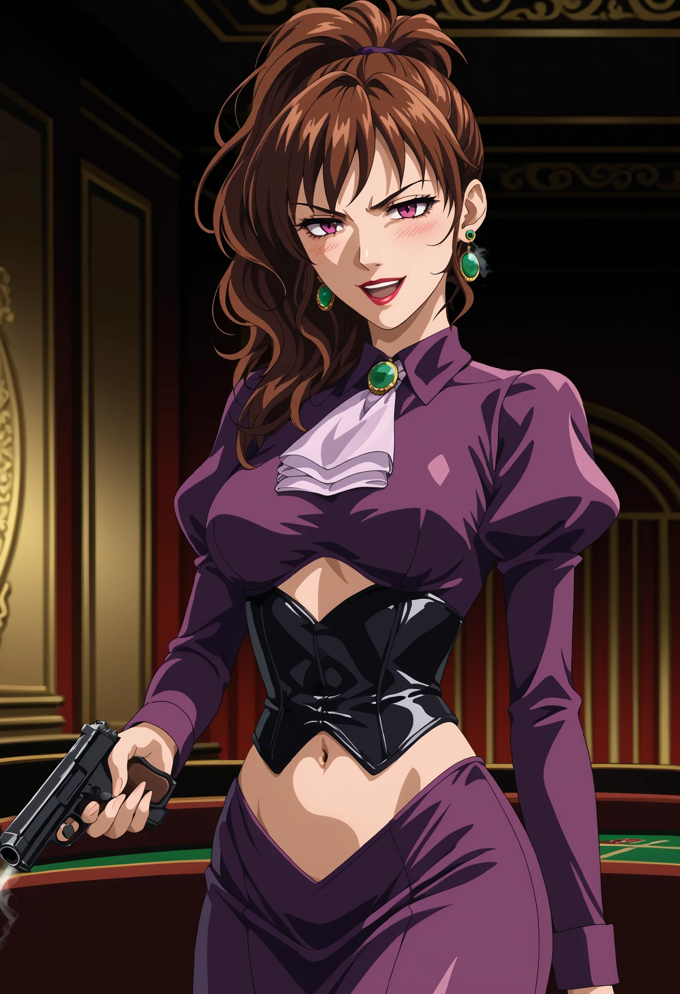 score_9, score_8_up, score_7_up, source_anime, holding weapon, holding gun, handgun, ,, solo, 1girl, ushiromiya natsuhi, serious, ponytail, purple dress, brooch, ascot, corset, juliet sleeves, , ear piercing, long hair, blush, lipstick,Hot girl, baddie, smoking, sensual, attractive ,masterpiece, best quality, highly detailed, a girls in long dress with navel cutout posing for a picture, evil smile, smile, open mouth, (nsfw) not safe for work, revealing dress, beautiful dress center opening , long dress with bellybutton showing, official artwork, exposed navel, exposed bellybutton, jewelry, earrings, complex detailed background, casino environment, fancy interior environment, rich interior, holding a gun, holding pistol, navel cutout, exposed navel, exposed bellybutton, dragon tattoo on waist, narrowed eyes, tattoo on waist, medium large breast, anipai_style, anime screencap, anime coloring, Bible Black Style