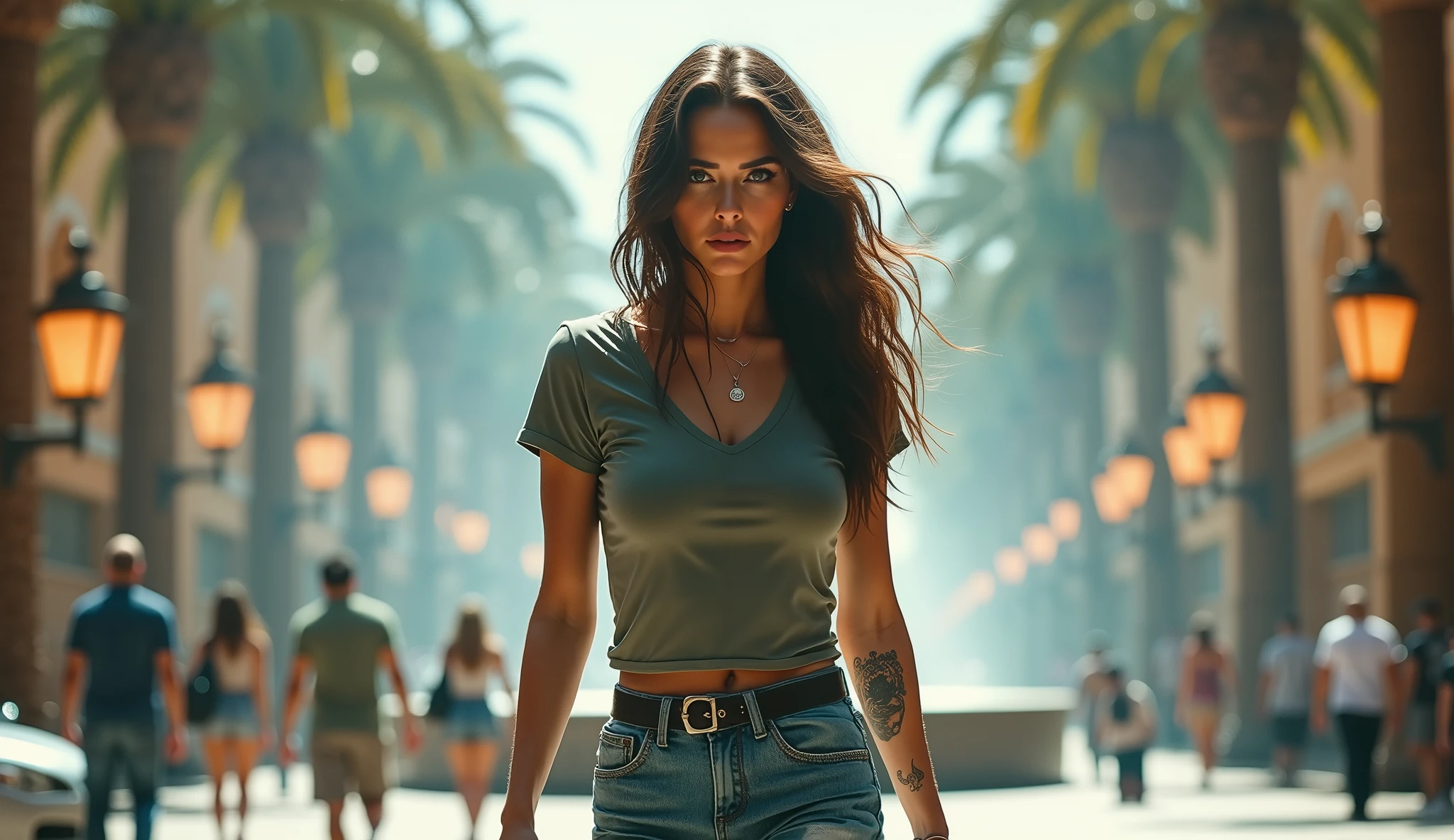 Exceptionally beautiful woman, model with dark brown hair and green eyes and European features. She is walking franticly through a Los Vegas square, dress in blue jeans and T-Shirt, looks scared and confused, people walking in the background Palm trees, water fountain , pigeons on the sidewalk, cars parked at a distance, warm tone, cinematic scene, blockbuster, hyperrealistic, flawless, Raw image, 32K UHD